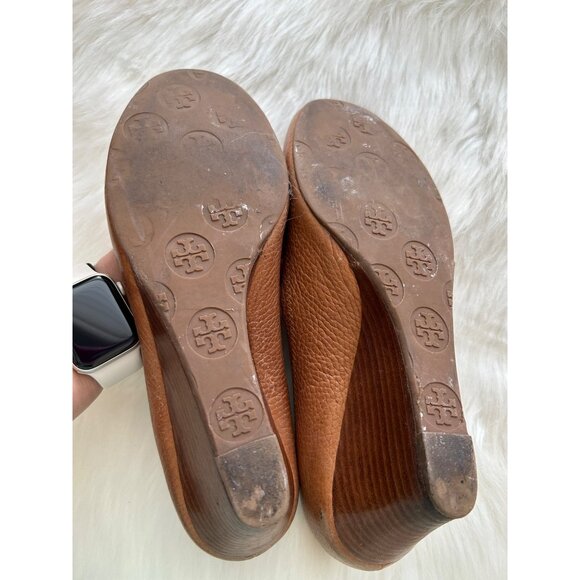 Tory Burch Women's SZ 8 Sally 2 peep toes wedge tan brown - Picture 9 of 10